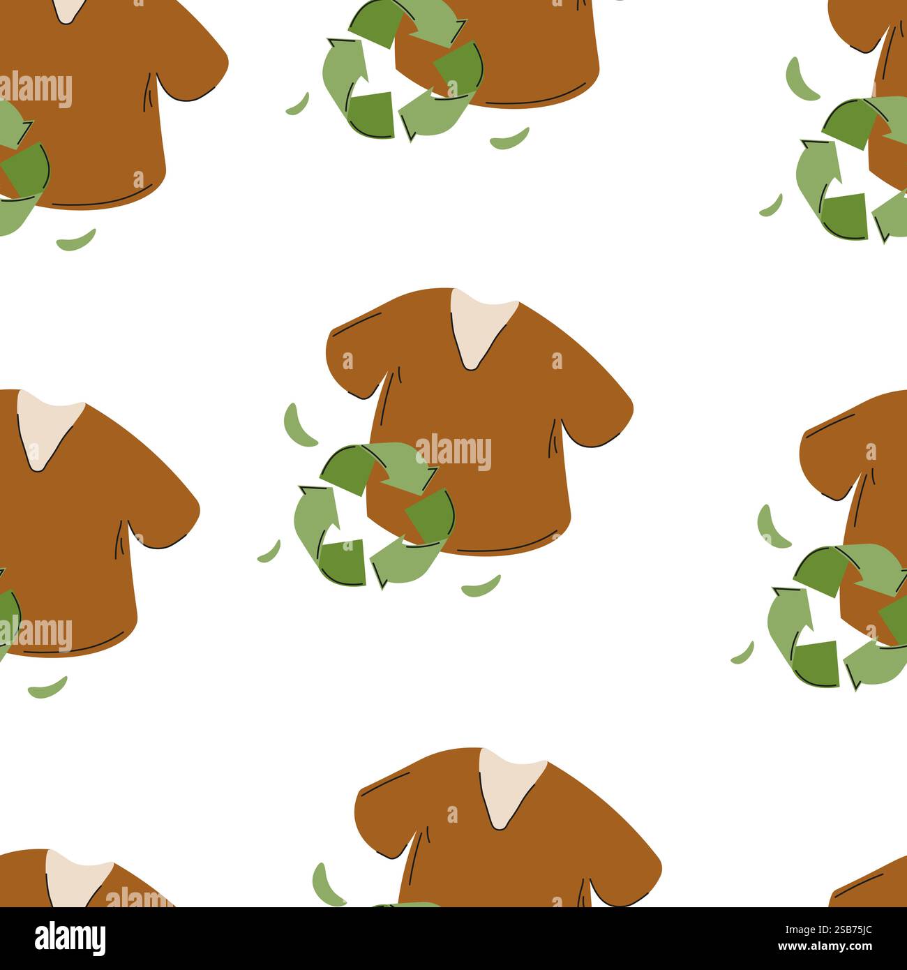 Un motivo che mostra camicie marroni combinate con simboli di riciclaggio e accenti verdi, ideale per design ecocompatibili. Illustrazione Vettoriale