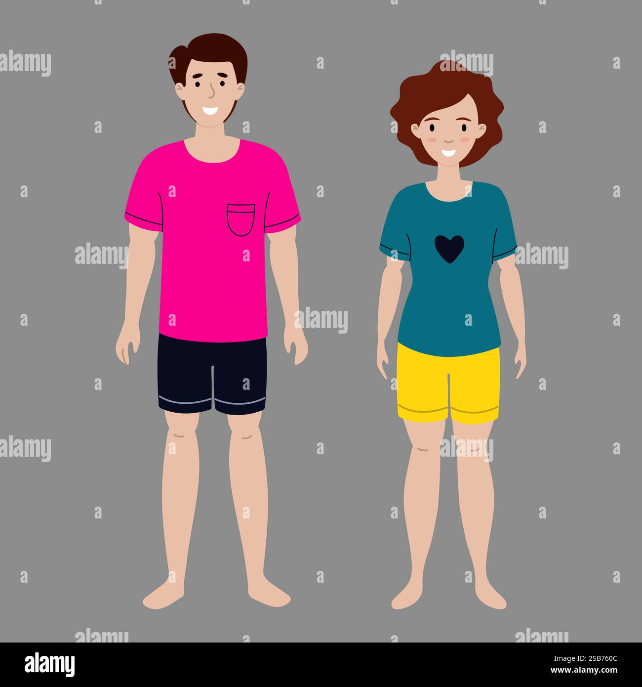 Due personaggi dei cartoni animati sono mostrati in piedi su uno sfondo grigio e indossano pantaloncini colorati e t-shirt. Illustrazione Vettoriale