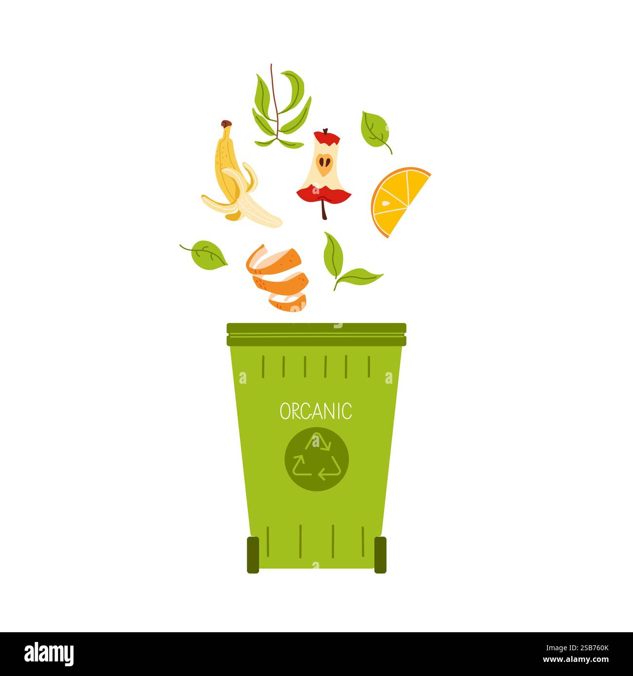 I rifiuti organici vengono attivamente smaltiti in un contenitore verde, sottolineando l'importanza del riciclaggio dei rifiuti alimentari e promuovendo la sostenibilità. Illustrazione Vettoriale