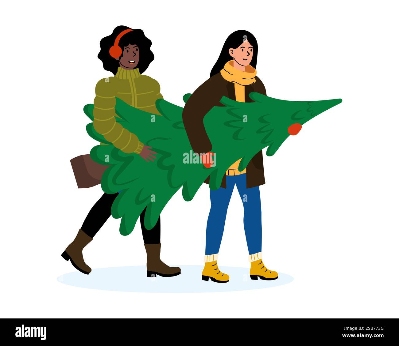 Due donne camminano fianco a fianco in abiti invernali, ognuna con un vivace albero di Natale verde. Sembrano gioiosi, godendosi la loro gita festosa in un sn Illustrazione Vettoriale