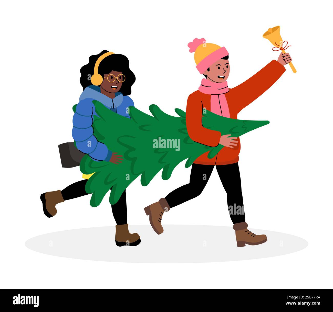 Due amici trasportano felicemente un albero di Natale, uno con la campana e l'altro con le cuffie. Il loro caldo abbigliamento invernale mette in risalto la festa Illustrazione Vettoriale