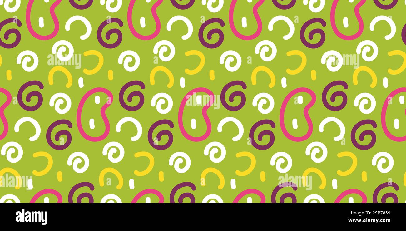 I vivaci vortici rosa, giallo e viola si distinguono su uno sfondo verde intenso. I colori si fondono perfettamente, creando una colorazione e una dinamica visiva Illustrazione Vettoriale