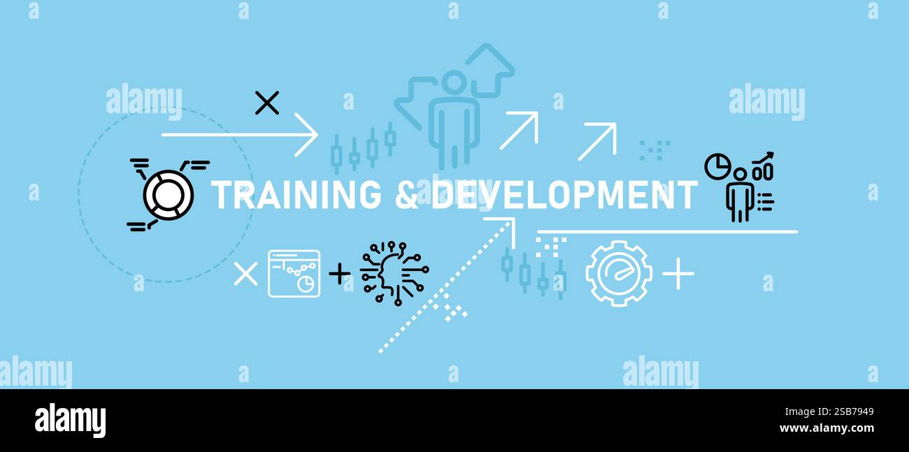 Formazione e sviluppo formazione progresso processo di lavoro miglioramento autonomo apprendimento prestazioni abilità motivazione design contorno insieme di icone Illustrazione Vettoriale