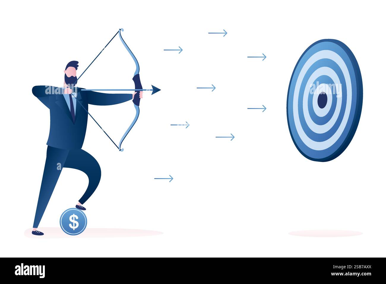 Uomo d'affari cartoni animati che mira il bersaglio con arco e freccia. Concetto di marketing mirato. Investitore alla ricerca di nuove startup. Bell'imprenditore isolato Illustrazione Vettoriale