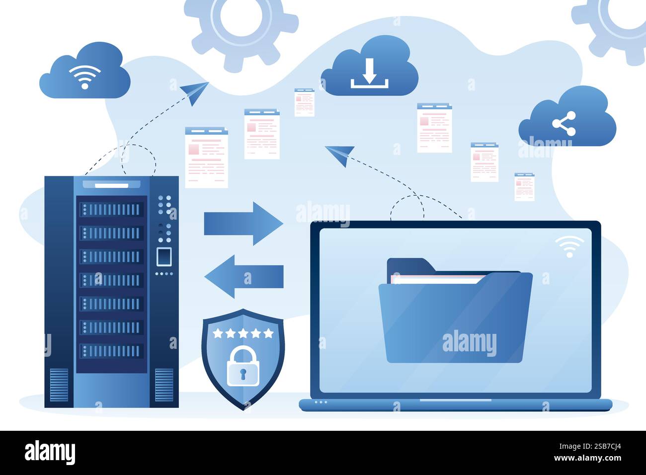 Hosting del servizio di rete o del sistema di archiviazione di database online. Concetto di tecnologia di storage cloud. Protezione dei dati. Caricare e scaricare file. Blu alla moda c Illustrazione Vettoriale