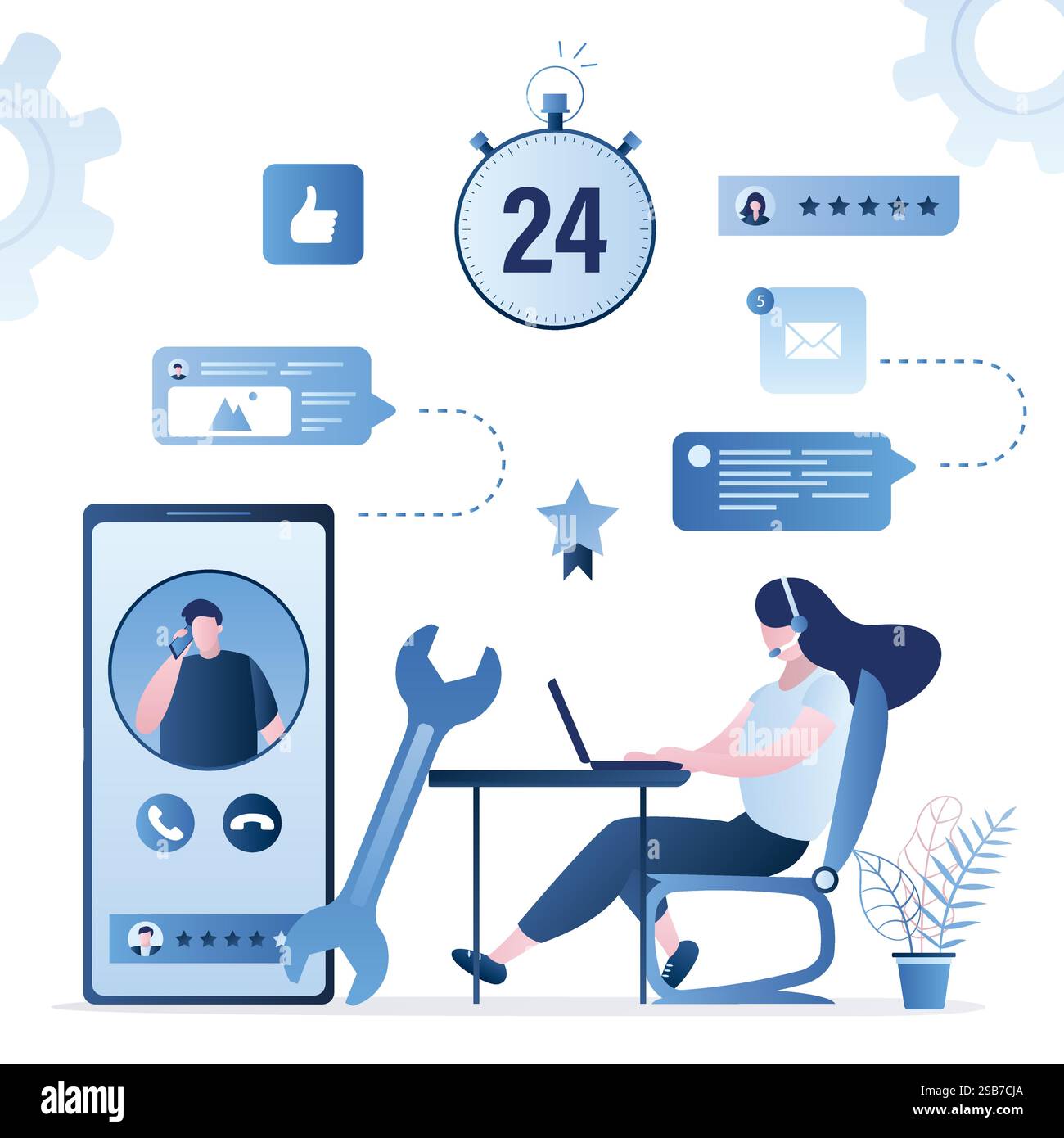 Consulente donna o assistente sul posto di lavoro. Aiutante di carattere femminile. Chat online, feedback e informazioni sul concetto di assistenza clienti. Bel consumatore uomo Illustrazione Vettoriale