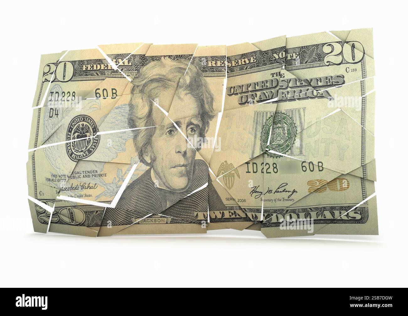 Collasso economico crisi finanziaria svalutazione monetaria debole crisi bancaria crisi del mercato crollo della ricchezza crollante ha incrinato il concetto di legge da 20 dollari Foto Stock