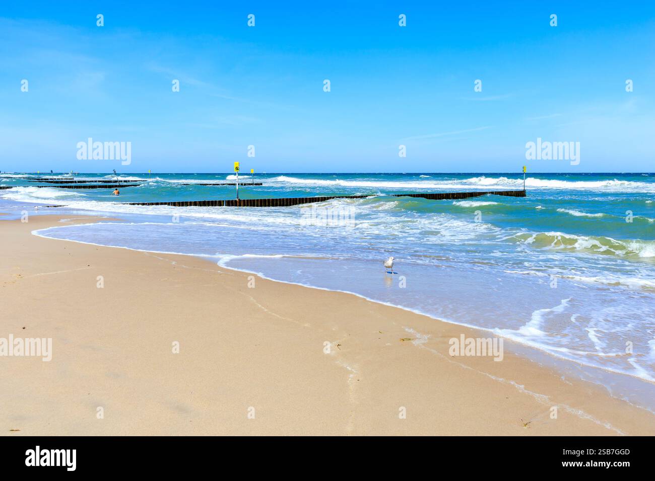 Splendida spiaggia di sabbia bianca e mare blu vicino a Kolobrzeg, costa del Mar Baltico, Polonia Foto Stock