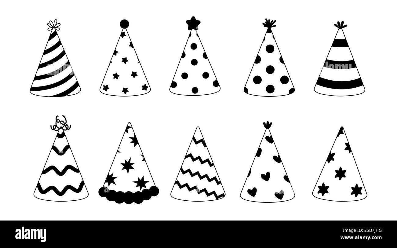 Dieci diversi cappelli da festa in bianco e nero presentano vari motivi, perfetti per celebrare le occasioni speciali. Illustrazione Vettoriale Dieci diversi cappelli da festa in bianco e nero presentano vari motivi, perfetti per celebrare le occasioni speciali. Illustrazione Vettoriale