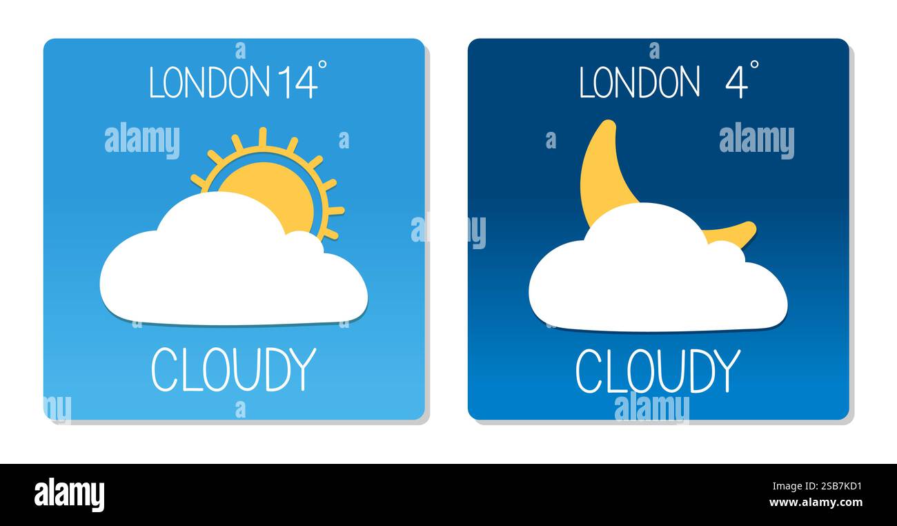 Previsioni del tempo che mostrano condizioni nuvolose con icone di sole e luna a Londra Illustrazione Vettoriale