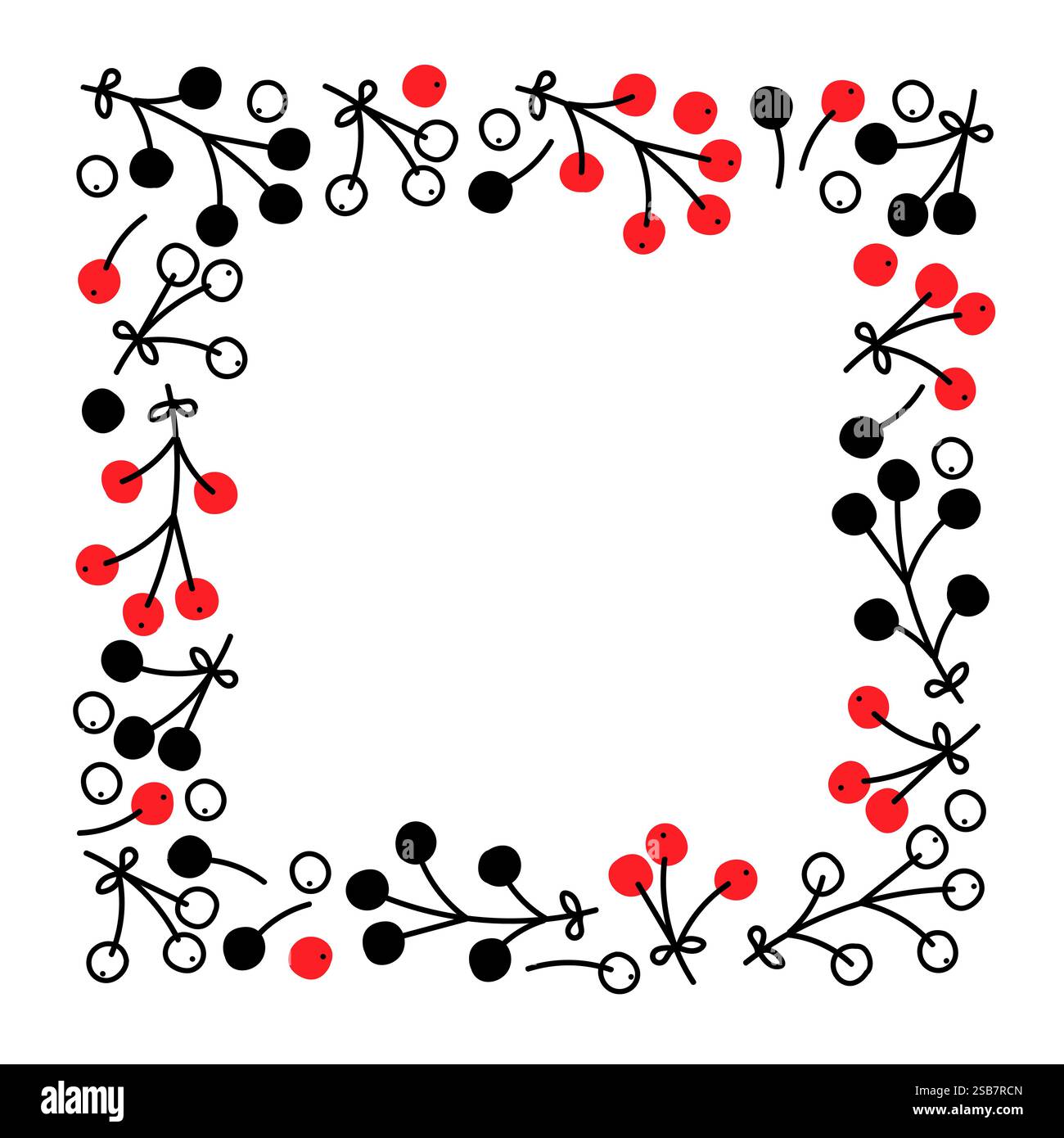 Bordo decorativo disegnato a mano con frutti di bosco rossi e neri su un semplice sfondo bianco Illustrazione Vettoriale