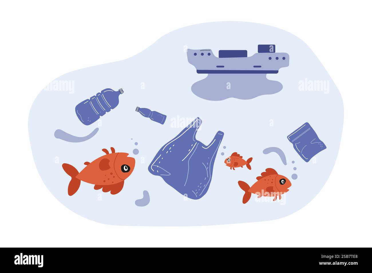 Scena subacquea che mostra la vita marina che interagisce con i rifiuti di plastica e i detriti delle navi Illustrazione Vettoriale