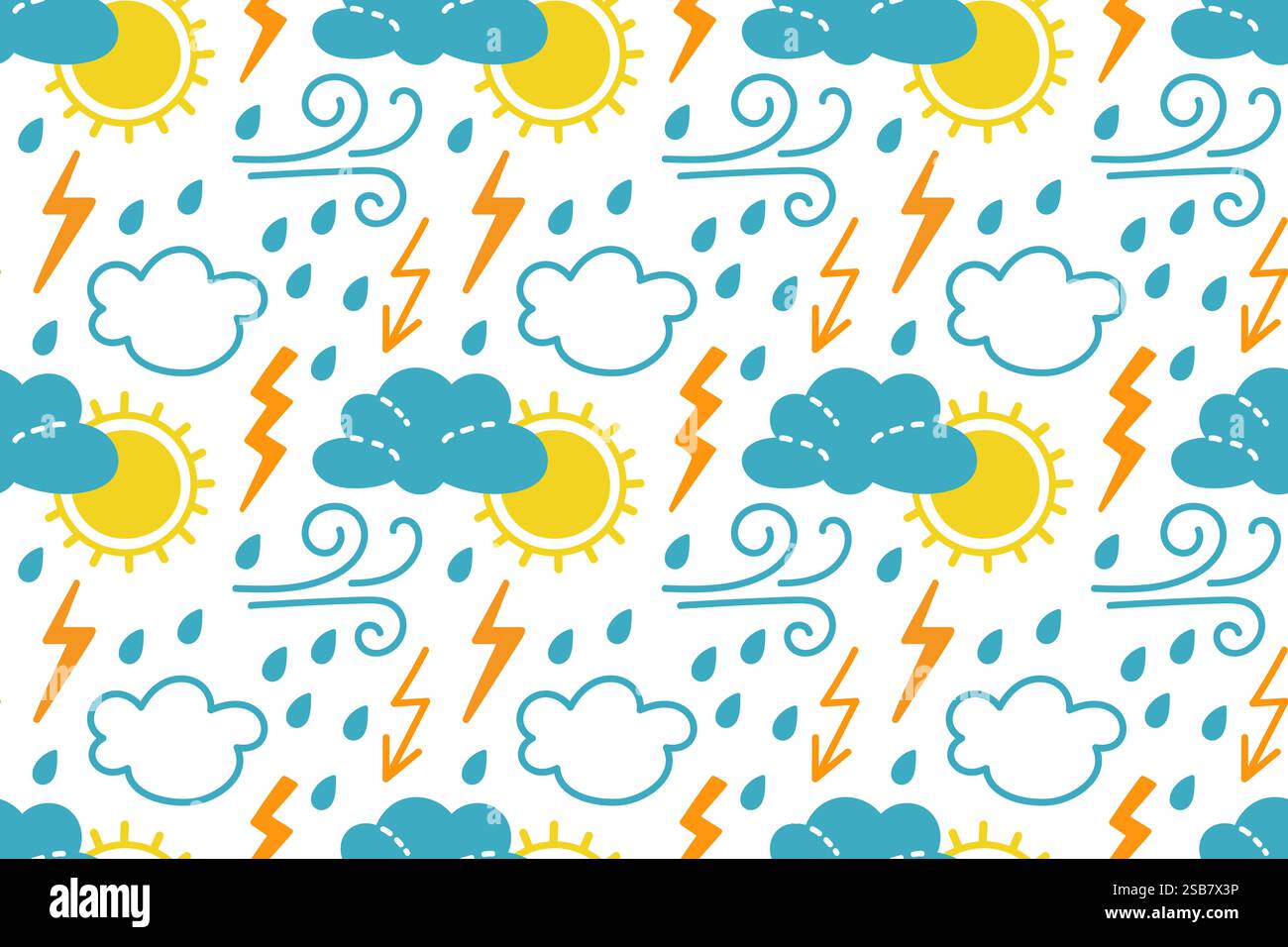 Colorato modello meteo con sole, nuvole, pioggia e fulmini in un design divertente Illustrazione Vettoriale