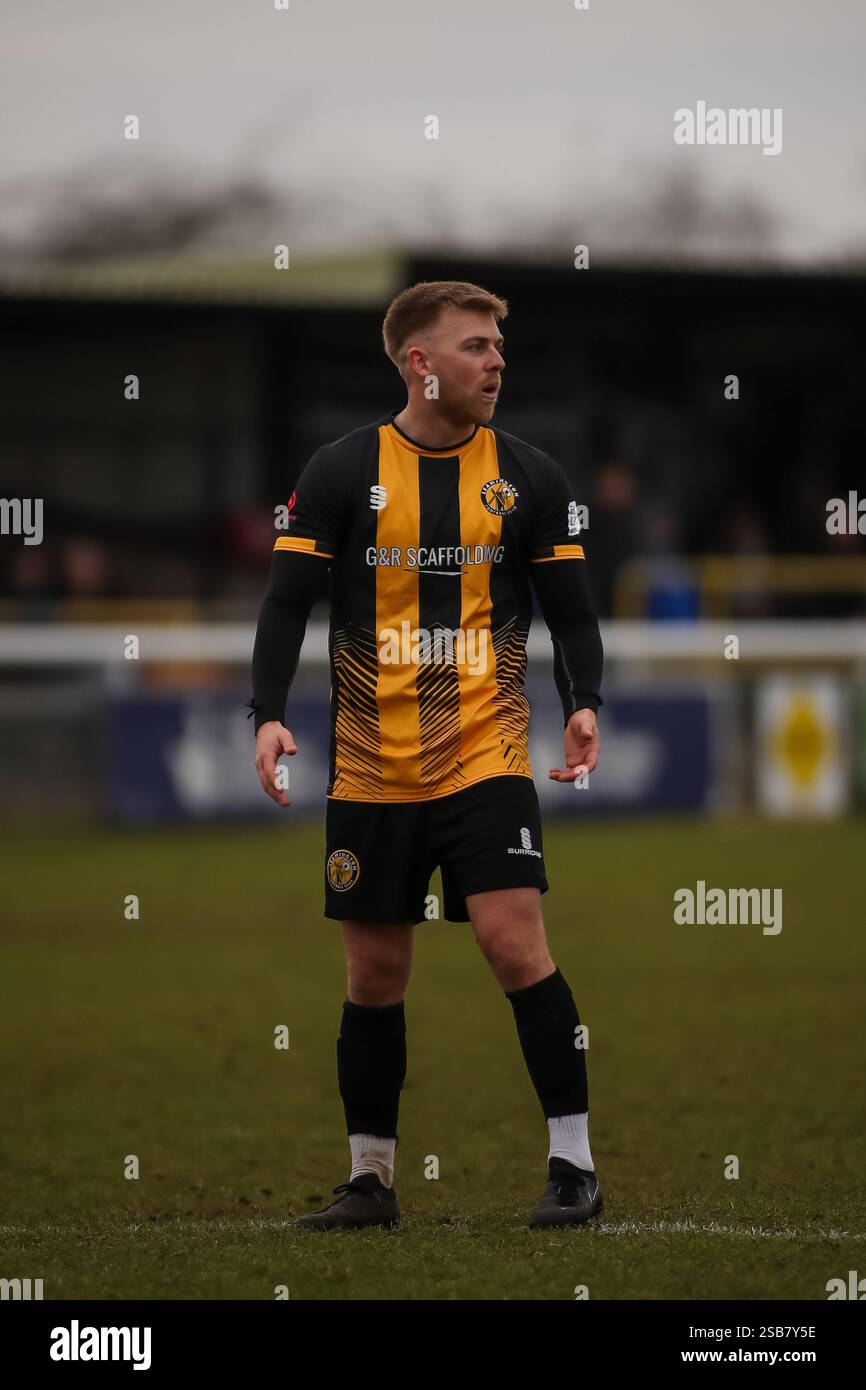 Will Shorrock di Leamington durante la partita della National League North, Leamington contro Marine Foto Stock