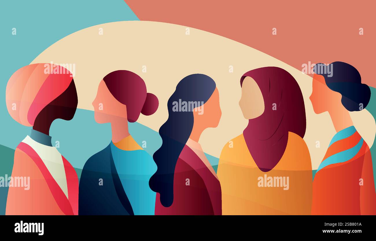 Silhouette di gruppo di donne multiculturali. Empowerment - uguaglianza - inclusione - diversità - o concetto di potere femminile. Giornata internazionale delle donne. Colori vivaci Illustrazione Vettoriale