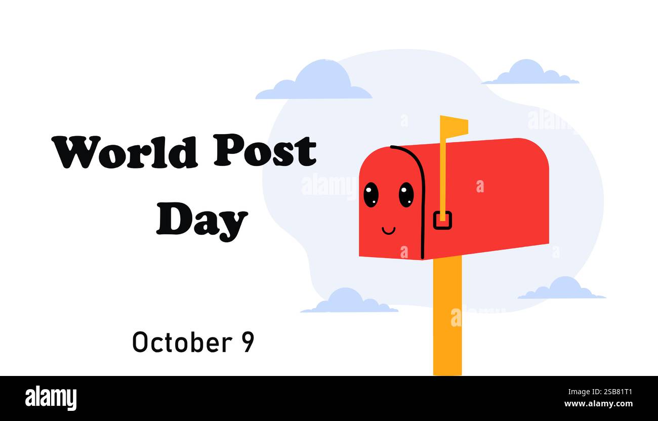 Festeggiamo la giornata mondiale dei Post con una cassetta postale rossa e una lettera inviata in un giorno luminoso Illustrazione Vettoriale