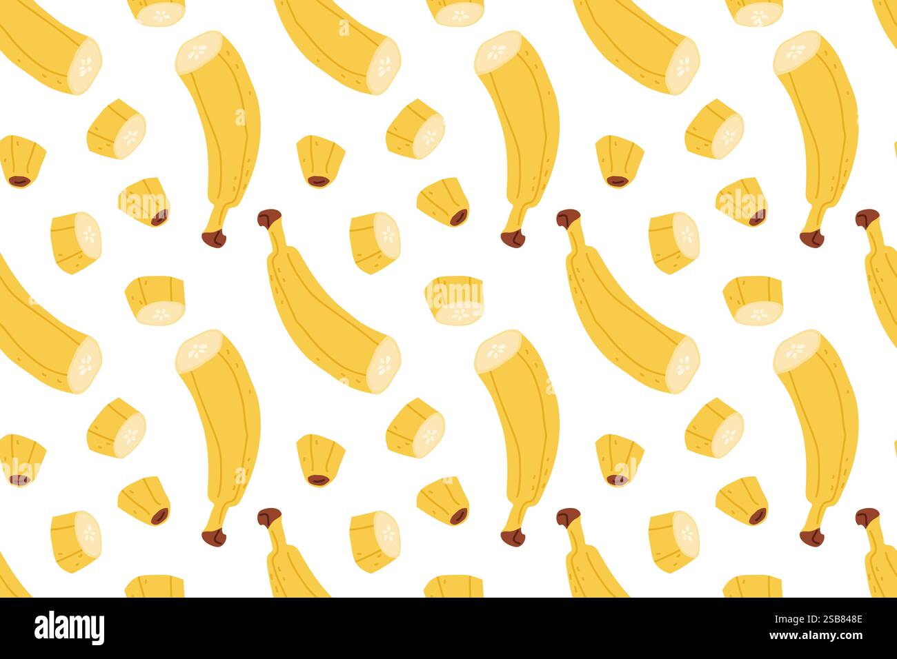 Colorato motivo a banana su sfondo bianco con banane intere e sbucciate Illustrazione Vettoriale