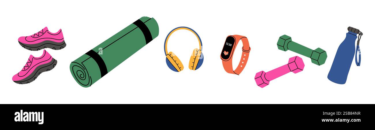 Gli indispensabili per la palestra per un allenamento di successo a casa con accessori e accessori per il fitness Illustrazione Vettoriale