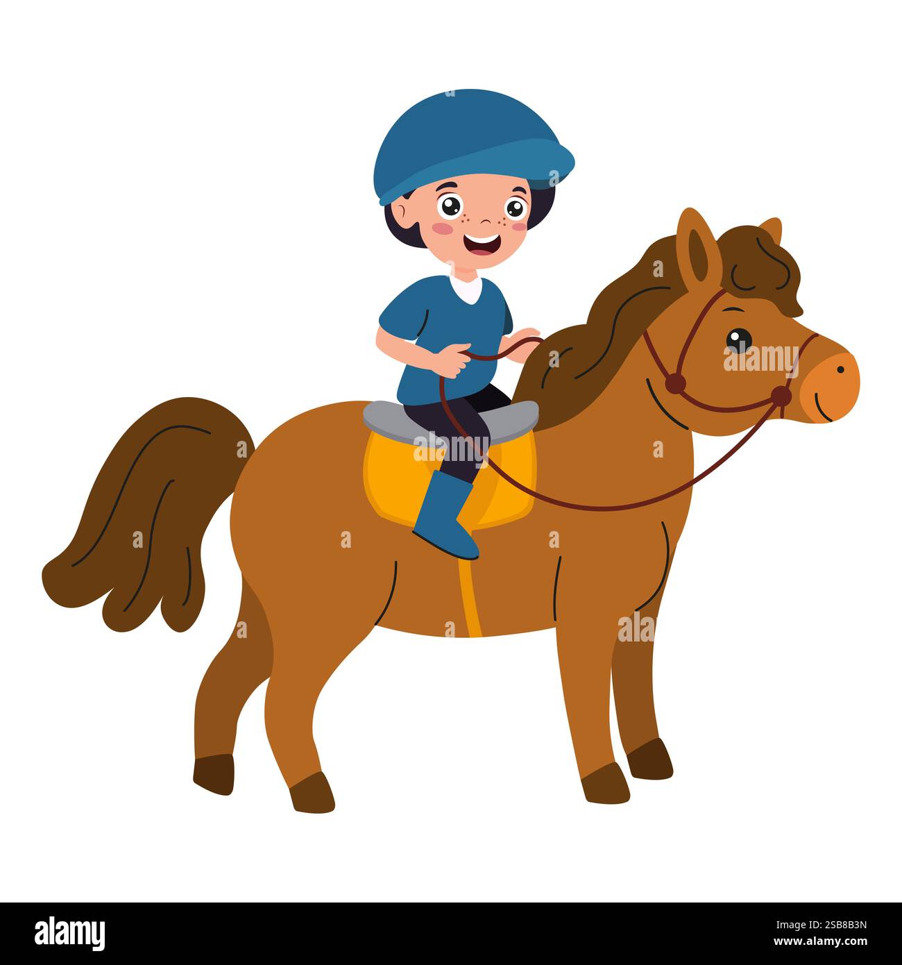 Bambini in sella a un allegro cavallo in un ambiente all'aperto giocoso Illustrazione Vettoriale