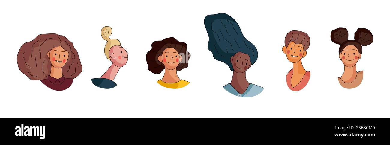 Un gruppo diversificato di donne illustrate che presentano diverse acconciature ed espressioni Illustrazione Vettoriale