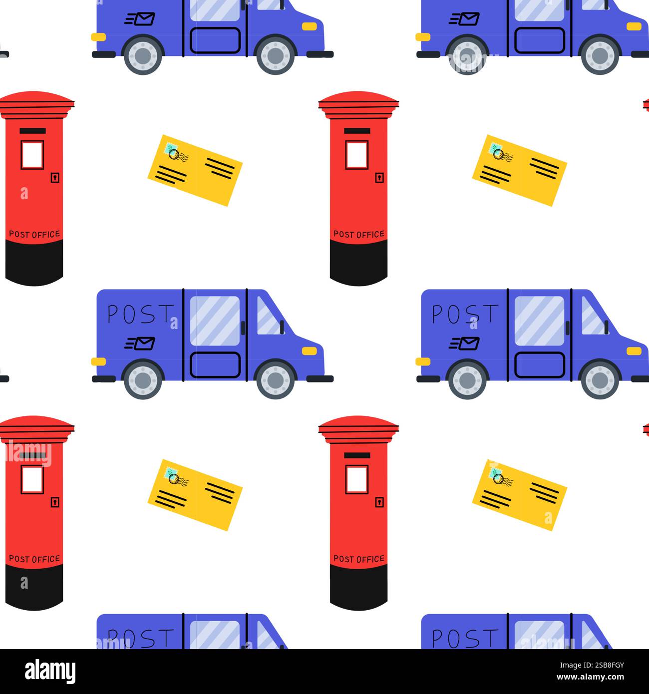 Colorato scenario di consegna della posta con furgone per ufficio postale e cassette postali rosse in un motivo stravagante Illustrazione Vettoriale