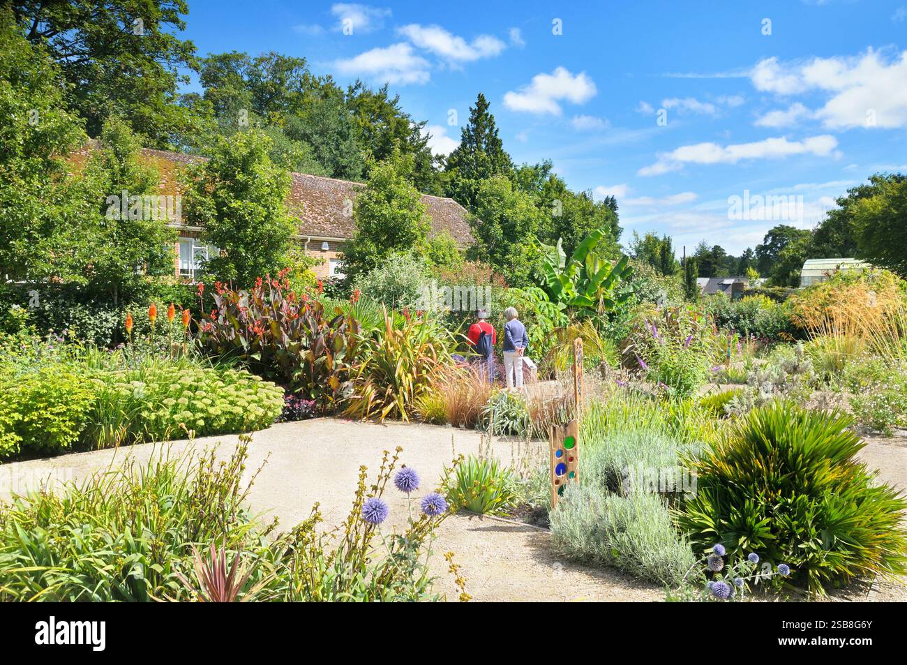 Il sole estivo e i coloratissimi bordi di fiori misti nel giardino vittoriano restaurato a One Garden Brighton, Stanmer Park East Sussex Inghilterra Regno Unito Foto Stock
