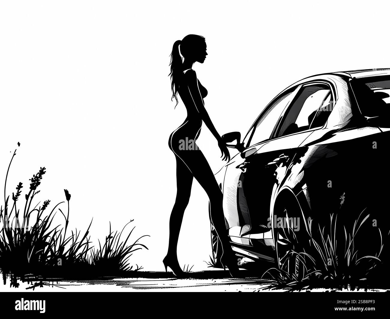 Sagoma di donna che si avvicina all'illustrazione dell'auto Foto Stock