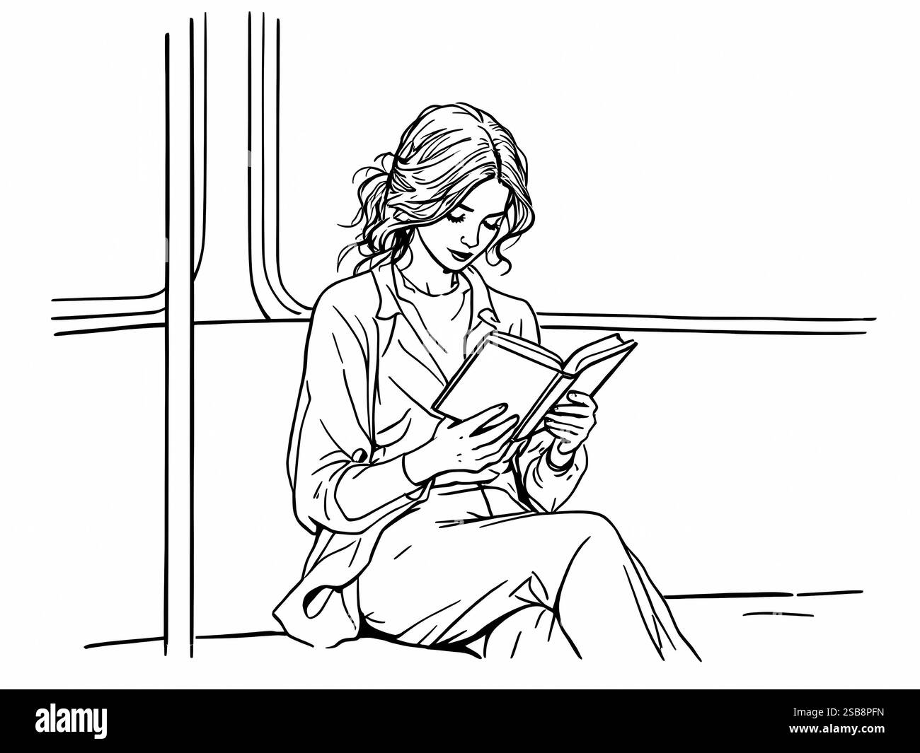 Donna che legge un libro sui trasporti pubblici Foto Stock