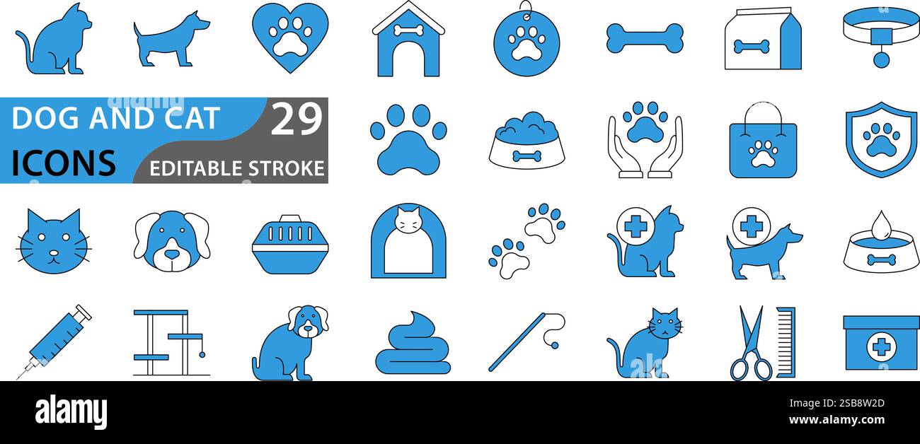Set di icone animali domestici. Contiene cane, gatto, simbolo. Collezione di elementi per la cura degli animali e la clinica veterinaria. Illustrazione vettoriale. Illustrazione Vettoriale