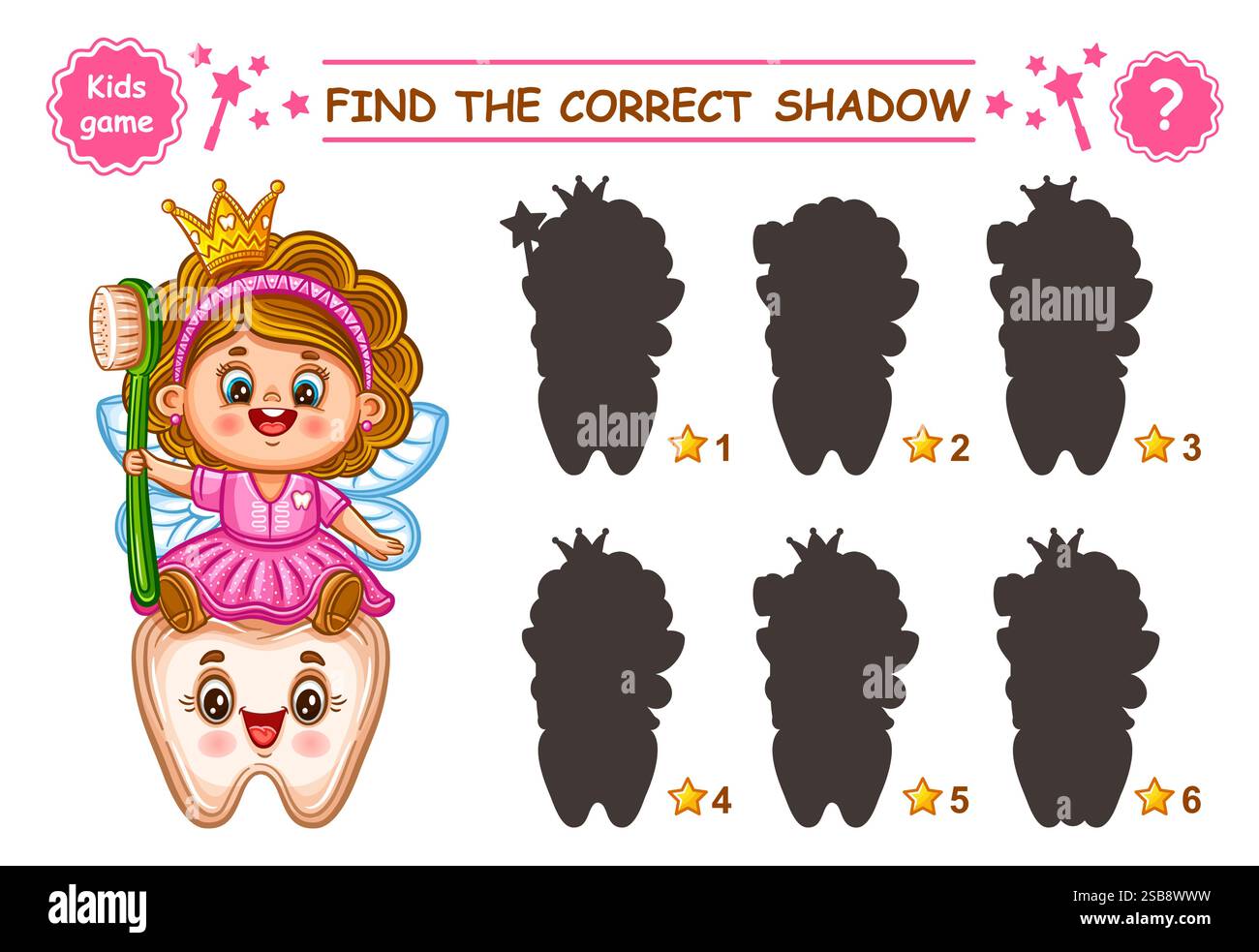 Adorabile principessa delle fate dei denti magici, trova la giusta forma d'ombra. Puzzle game educativo per bambini. Ragazza fantasia con spazzolino da denti. Cerca silhouette. Vettore Illustrazione Vettoriale