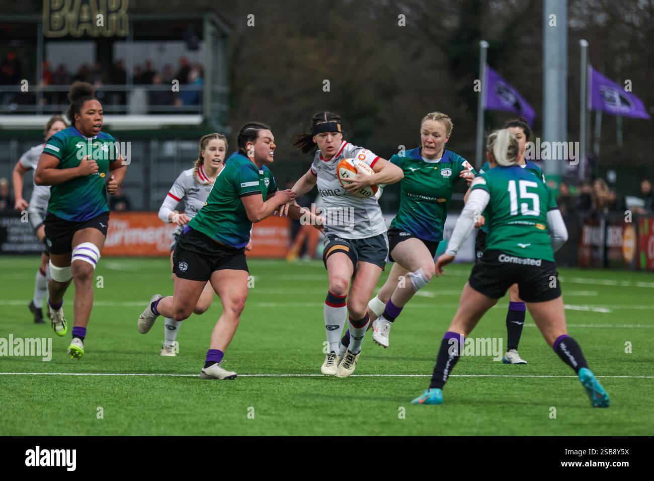 Londra, Regno Unito. 1 febbraio 2025. Alysha Corrigan (Saracens) con il pallone durante la partita Trailfinders Women vs Saracens Women al Vallis Way Stadium per la 16a giornata della Premiership Women's Rugby 2024/25. UK © ️ crediti: Elsie Kibue/Alamy Live News Foto Stock