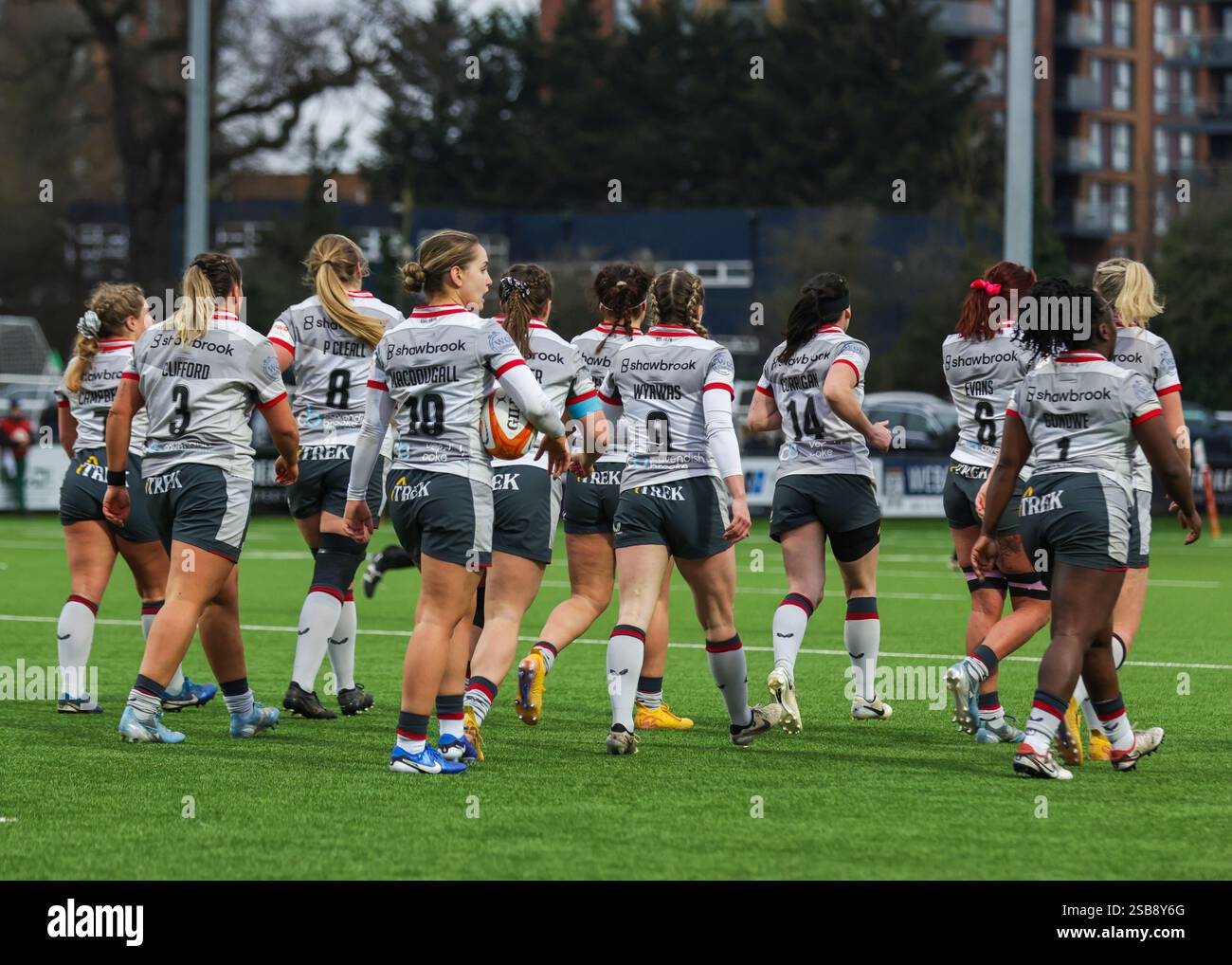 Londra, Regno Unito. 1 febbraio 2025. Trailfinders Women vs Saracens Women Match al Vallis Way Stadium per la 16a giornata della Premiership Women's Rugby 2024/25. UK © ️ crediti: Elsie Kibue/Alamy Live News Foto Stock
