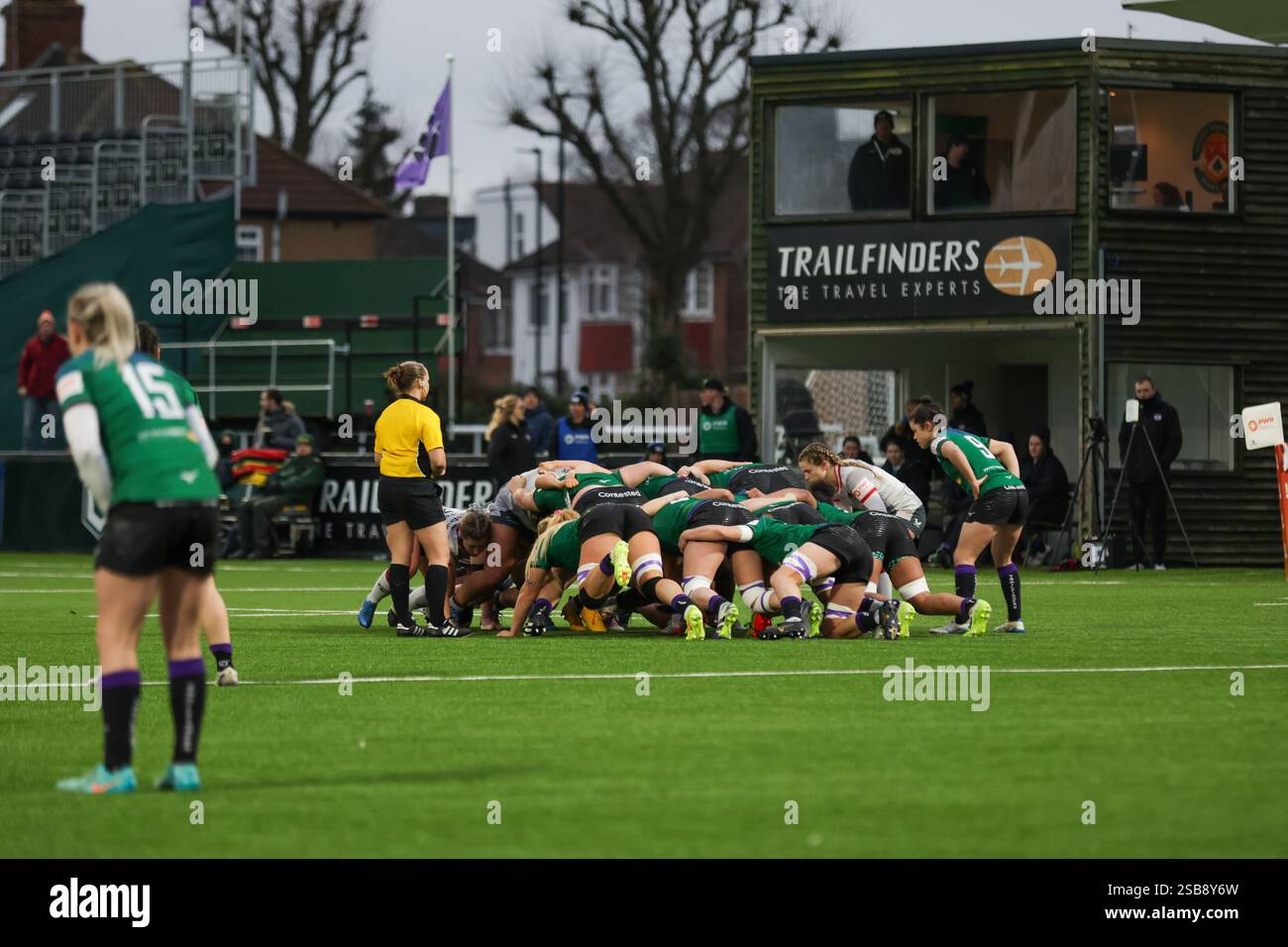 Londra, Regno Unito. 1 febbraio 2025. Trailfinders Women vs Saracens Women Match al Vallis Way Stadium per la 16a giornata della Premiership Women's Rugby 2024/25. UK © ️ crediti: Elsie Kibue/Alamy Live News Foto Stock