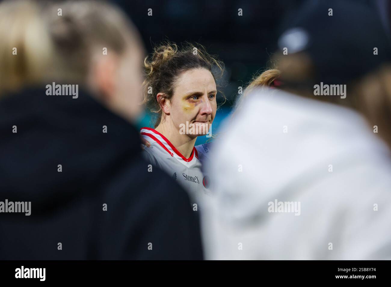 Londra, Regno Unito. 1 febbraio 2025. Sarah McKenna (Saracens) dopo la partita Trailfinders Women vs Saracens Women al Vallis Way Stadium per la sedicesima giornata della Premiership Women's Rugby 2024/25. UK © ️ crediti: Elsie Kibue/Alamy Live News Foto Stock