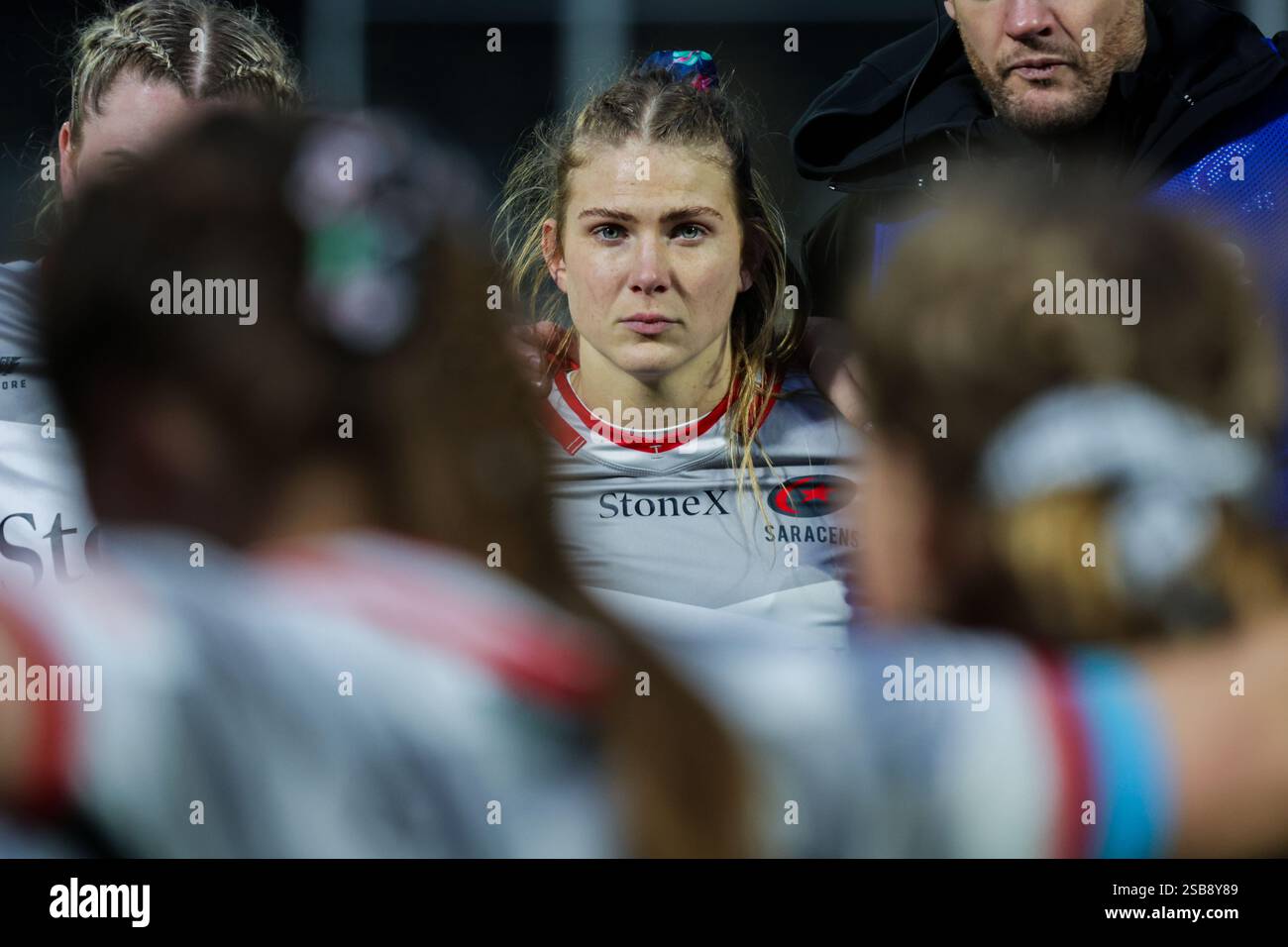 Londra, Regno Unito. 1 febbraio 2025. Lotte Sharp (Co-capitano Saracens) dopo la partita Trailfinders Women vs Saracens Women al Vallis Way Stadium per la 16a giornata della Premiership Women's Rugby 2024/25. UK © ️ crediti: Elsie Kibue/Alamy Live News Foto Stock