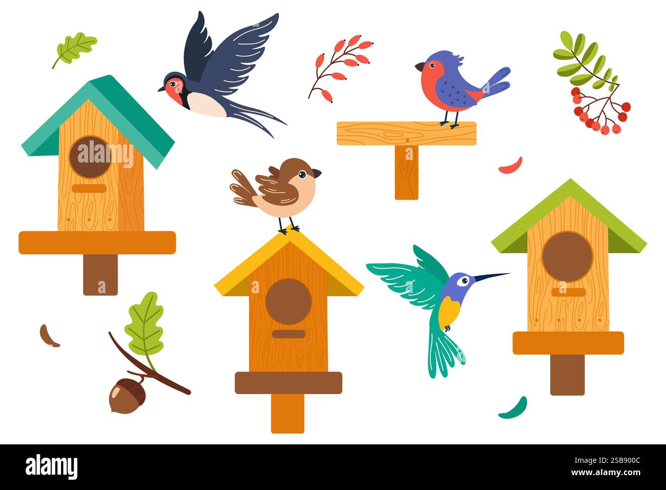 Uccelli colorati e birdhouse in un vivace giardino in primavera Illustrazione Vettoriale