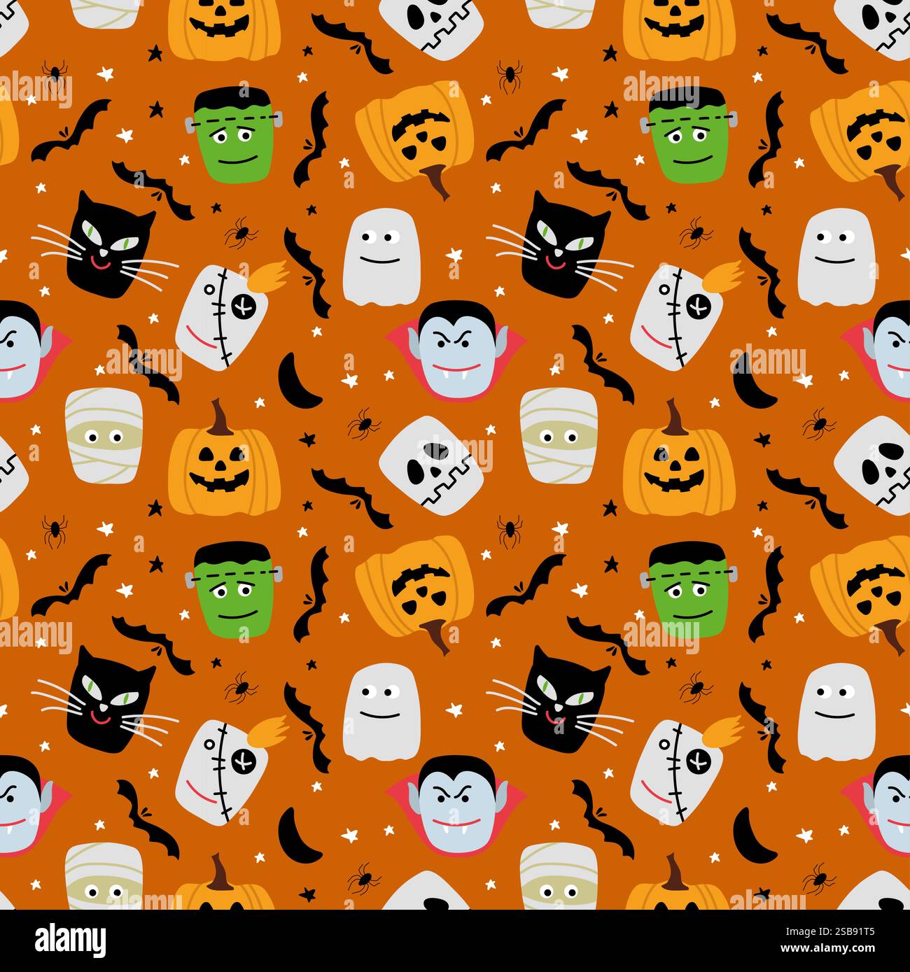 Motivo vettoriale Halloween senza cuciture con zucche, teschio, regali e ragni. Illustrazione Vettoriale