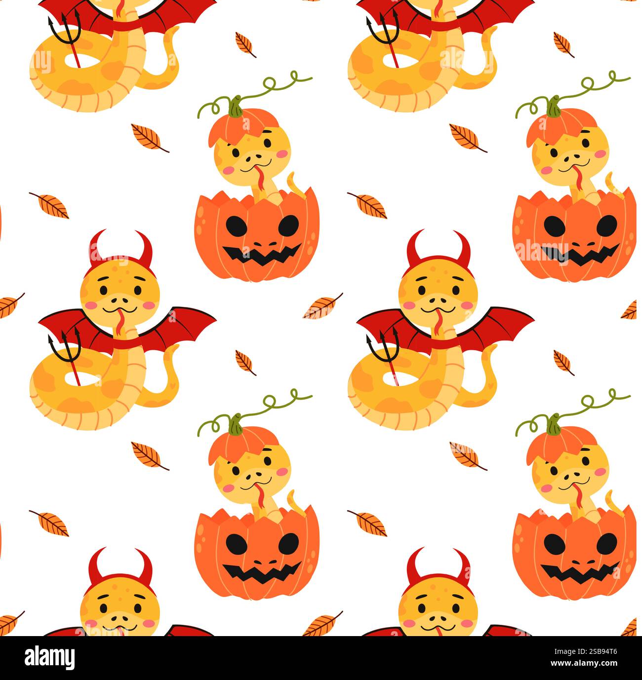Graziosi serpenti in costumi di Halloween con corna, ali e zucche del diavolo. Illustrazione Vettoriale