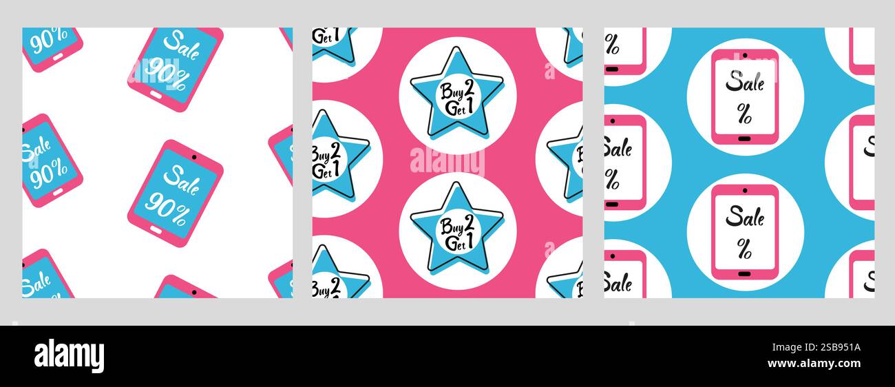 Brillanti modelli promozionali di vendita con sconti e offerte sui dispositivi digitali Illustrazione Vettoriale