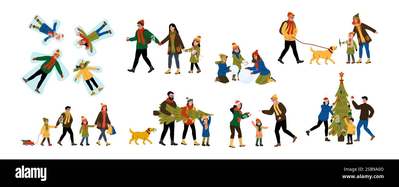Famiglie che amano le attività invernali insieme durante le festività natalizie in un ambiente allegro Illustrazione Vettoriale