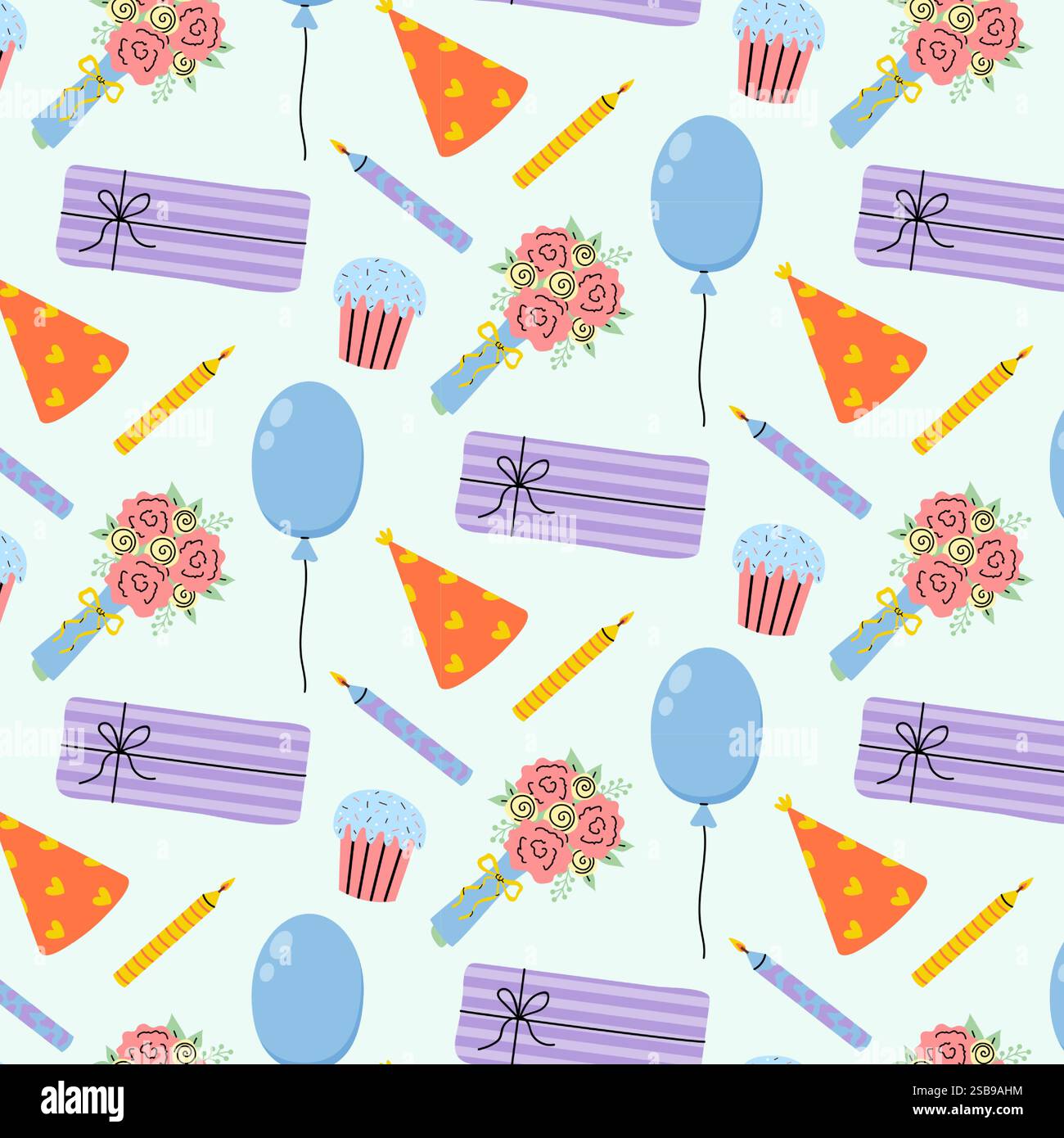 Colorato motivo celebrativo con palloncini, torte e fiori adatto per le decorazioni delle feste Illustrazione Vettoriale