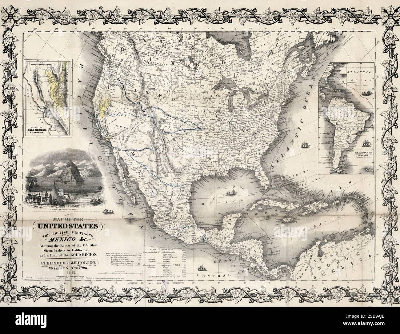 Mappa degli Stati Uniti, delle province britanniche, del Messico e del c.. : Mostra le rotte dei pacchetti di posta a vapore degli Stati Uniti per la California, e un piano della regione dell'Oro, circa 1850 Foto Stock