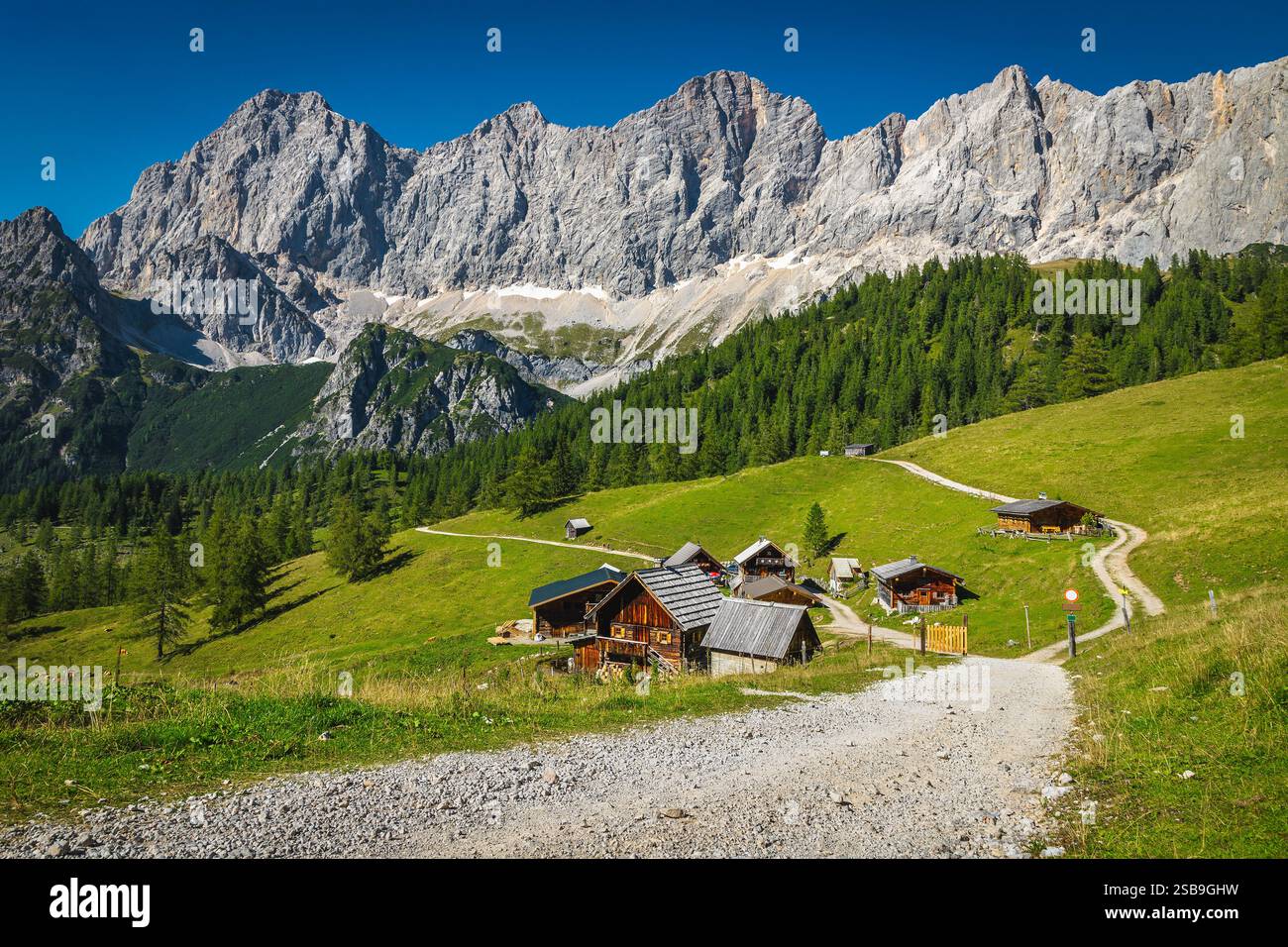 Splendida destinazione per escursioni e viaggi, case rurali sparse in legno sui prati alpini. Pareti meridionali delle montagne di Dachstein sullo sfondo, Rams Foto Stock