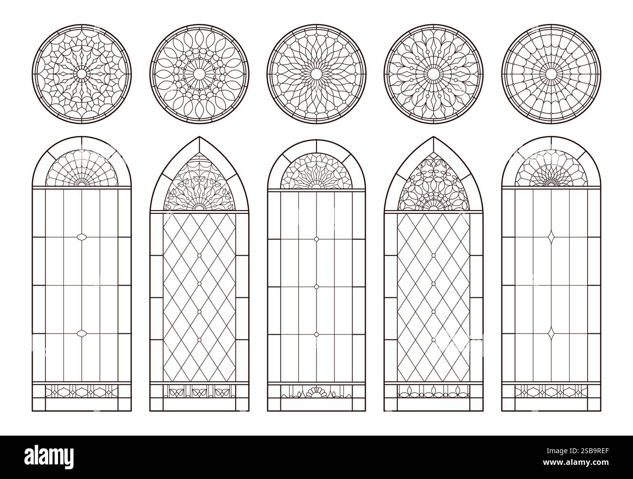 Set di vetrate colorate della chiesa. Quadri cristiani cattolici. Disegno in linea in bianco e nero. Illustrazione Vettoriale
