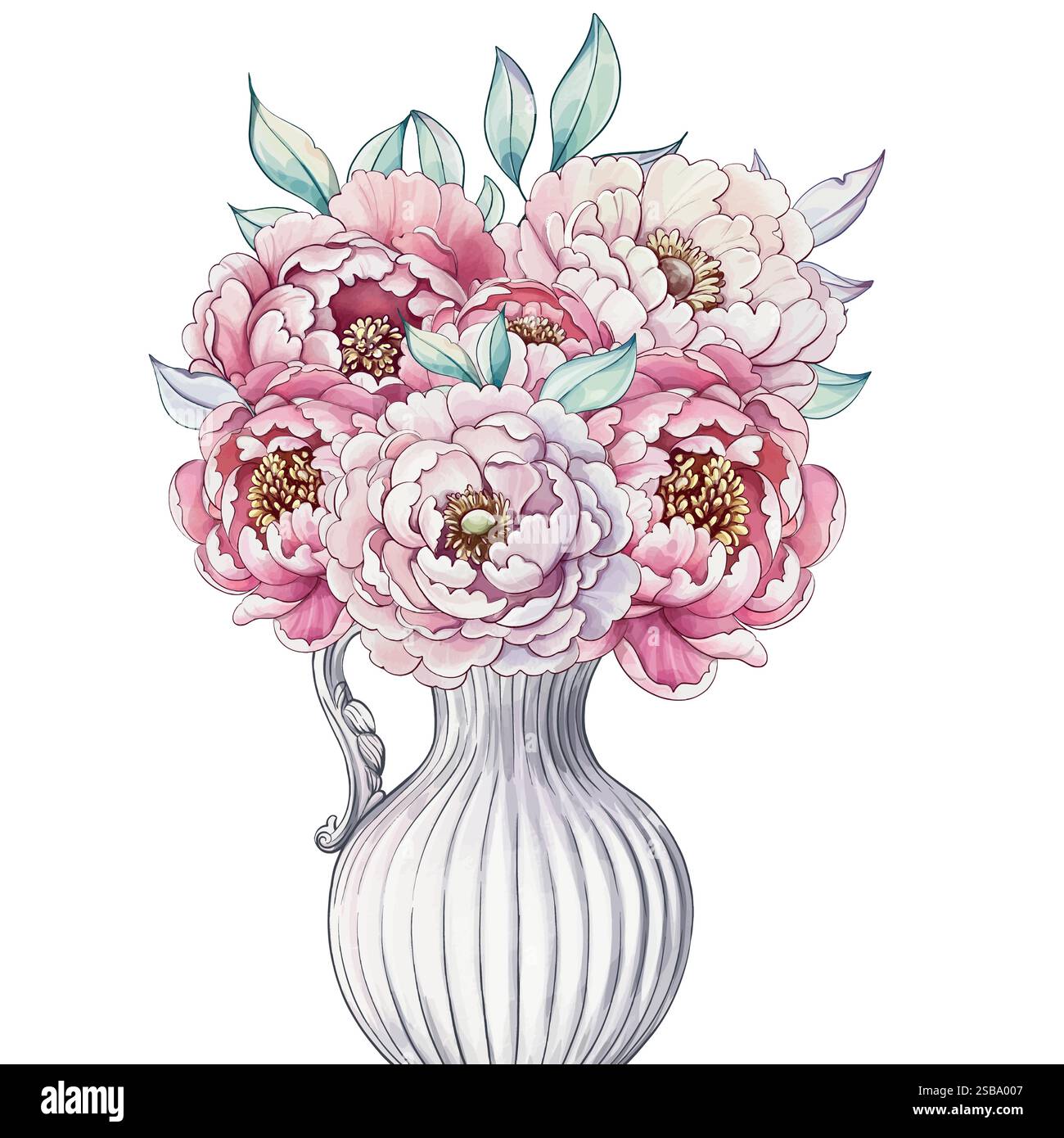 Una splendida disposizione di peonie in fiore riempie un affascinante vaso in ceramica, mostrando sfumature morbide e dettagli intricati in un modello sereno Illustrazione Vettoriale