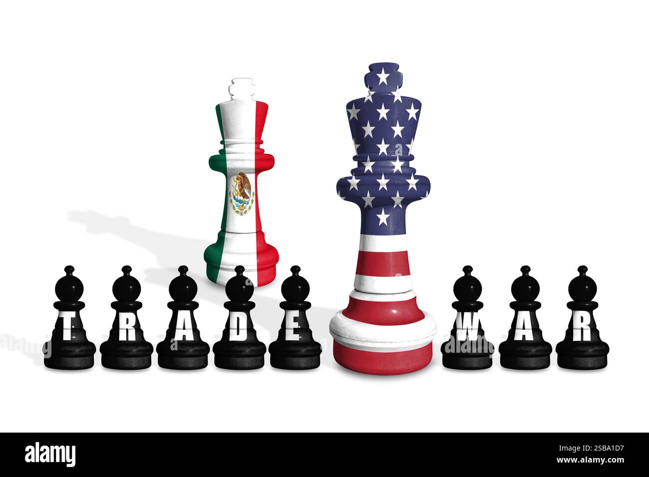 Scacchi fatti con bandiere USand Mexico su sfondo bianco con GUERRA COMMERCIALE Foto Stock