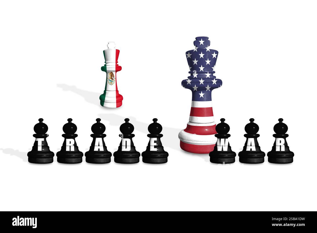 Scacchi fatti con bandiere americane e messicane su sfondo bianco con GUERRA COMMERCIALE Foto Stock