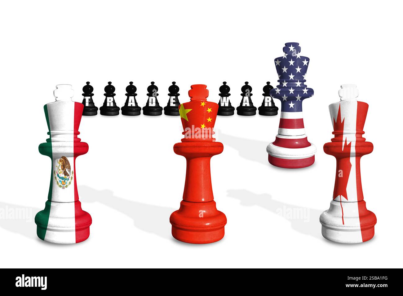 Scacchi fatti con bandiere di Stati Uniti, Messico, Canada e Cina su sfondo bianco con GUERRA COMMERCIALE Foto Stock