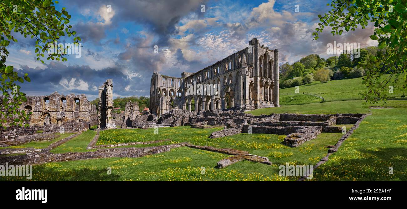 Rovine dell'abbazia di Rievaulx, North Yorkshire, Inghilterra. L'abbazia di Rievaulx fu il primo monastero cistercense nel nord dell'Inghilterra, fondato nel 1132 da 12 monaci Foto Stock
