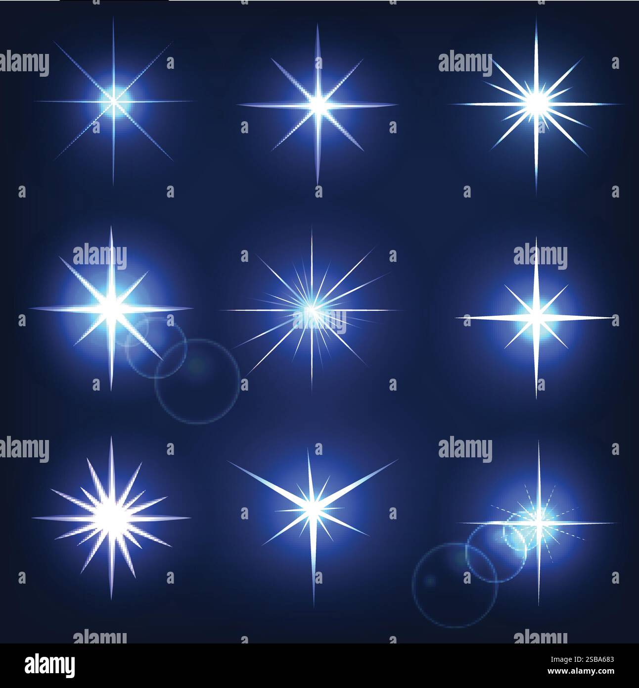 Impostare le forme di scintille. Stella luminosa su sfondo blu Illustrazione Vettoriale